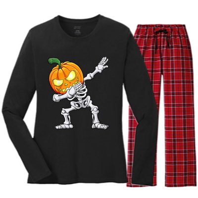 Halloween Boys Dabbing Skeleton Scary Pumpkin Jack O Lantern Women's Long Sleeve Flannel Pajama Set 