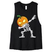 Halloween Boys Dabbing Skeleton Scary Pumpkin Jack O Lantern Women's Racerback Cropped Tank