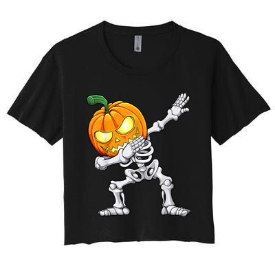 Halloween Boys Dabbing Skeleton Scary Pumpkin Jack O Lantern Women's Crop Top Tee