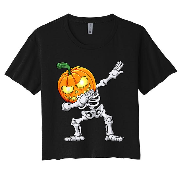 Halloween Boys Dabbing Skeleton Scary Pumpkin Jack O Lantern Women's Crop Top Tee