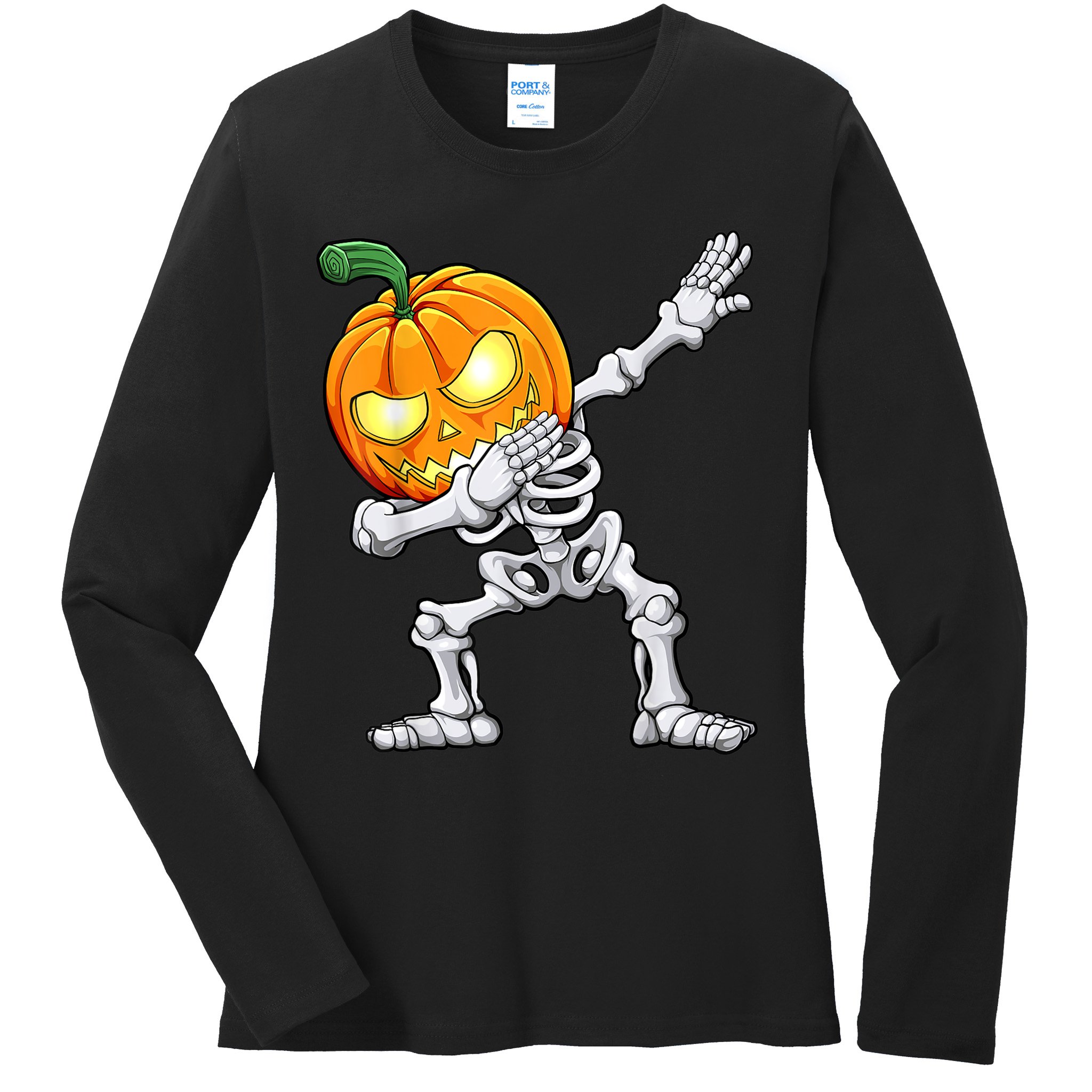 Halloween Boys Dabbing Skeleton Scary Pumpkin Jack O Lantern Ladies Long Sleeve Shirt