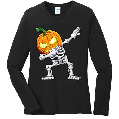 Halloween Boys Dabbing Skeleton Scary Pumpkin Jack O Lantern Ladies Long Sleeve Shirt