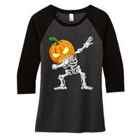 Halloween Boys Dabbing Skeleton Scary Pumpkin Jack O Lantern Women's Tri-Blend 3/4-Sleeve Raglan Shirt