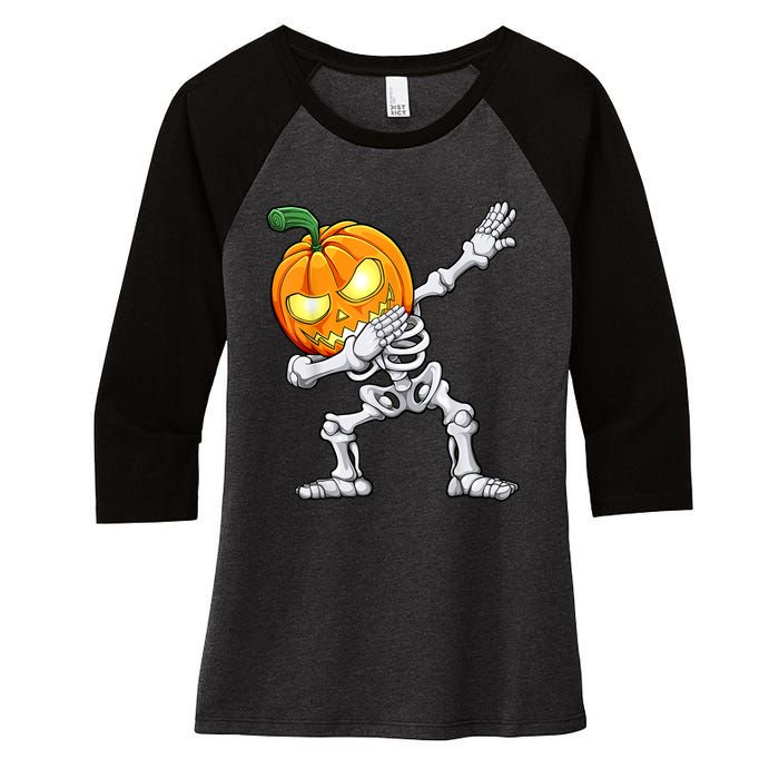 Halloween Boys Dabbing Skeleton Scary Pumpkin Jack O Lantern Women's Tri-Blend 3/4-Sleeve Raglan Shirt