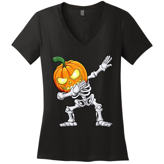 Halloween Boys Dabbing Skeleton Scary Pumpkin Jack O Lantern Women's V-Neck T-Shirt