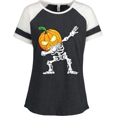 Halloween Boy Dabbing Skeleton Scary Pumpkin Jack O Lantern Enza Ladies Jersey Colorblock Tee