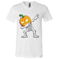 Halloween Boy Dabbing Skeleton Scary Pumpkin Jack O Lantern V-Neck T-Shirt