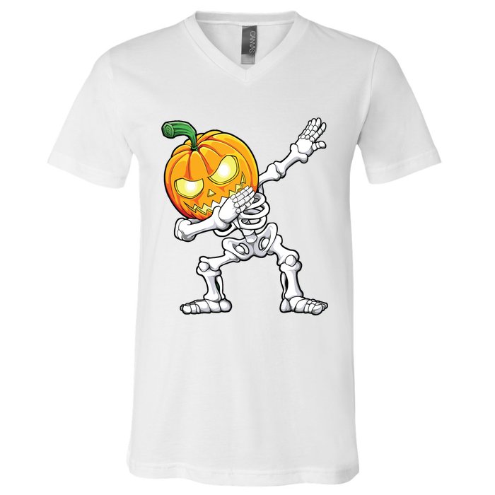 Halloween Boy Dabbing Skeleton Scary Pumpkin Jack O Lantern V-Neck T-Shirt