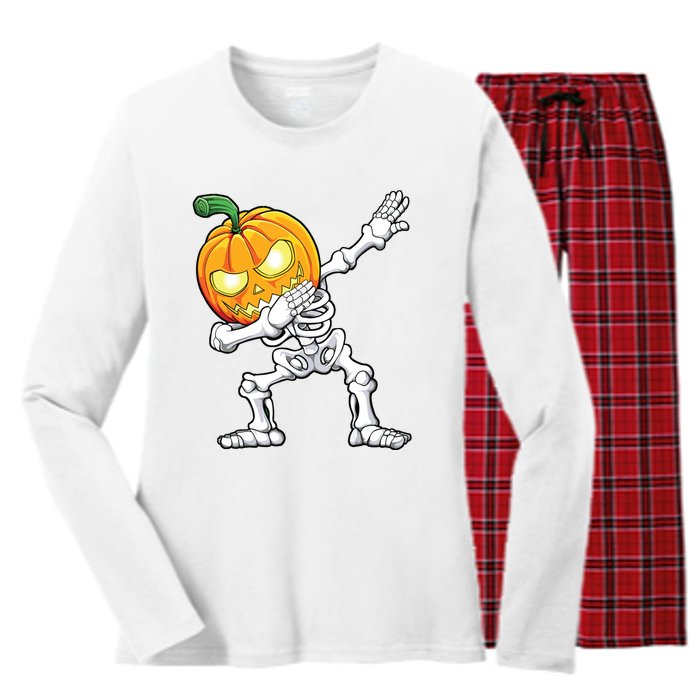 Halloween Boy Dabbing Skeleton Scary Pumpkin Jack O Lantern Women's Long Sleeve Flannel Pajama Set 