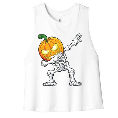 Halloween Boy Dabbing Skeleton Scary Pumpkin Jack O Lantern Women's Racerback Cropped Tank