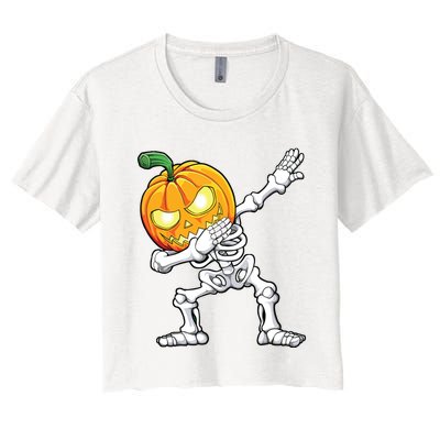 Halloween Boy Dabbing Skeleton Scary Pumpkin Jack O Lantern Women's Crop Top Tee