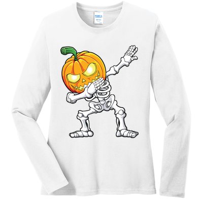 Halloween Boy Dabbing Skeleton Scary Pumpkin Jack O Lantern Ladies Long Sleeve Shirt