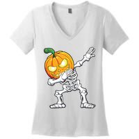 Halloween Boy Dabbing Skeleton Scary Pumpkin Jack O Lantern Women's V-Neck T-Shirt