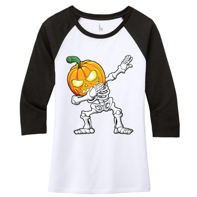 Halloween Boy Dabbing Skeleton Scary Pumpkin Jack O Lantern Women's Tri-Blend 3/4-Sleeve Raglan Shirt