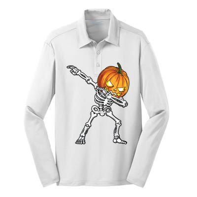 Halloween Boy Dabbing Skeleton Scary Pumpkin Jack O Lantern Silk Touch Performance Long Sleeve Polo