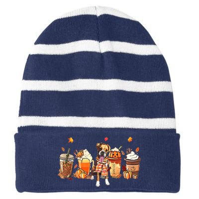 Halloween Boxer Dog Fall Coffee Pumpkin Spice Latte Striped Beanie with Solid Band