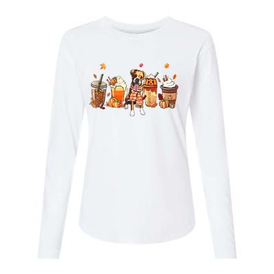 Halloween Boxer Dog Fall Coffee Pumpkin Spice Latte Womens Cotton Relaxed Long Sleeve T-Shirt