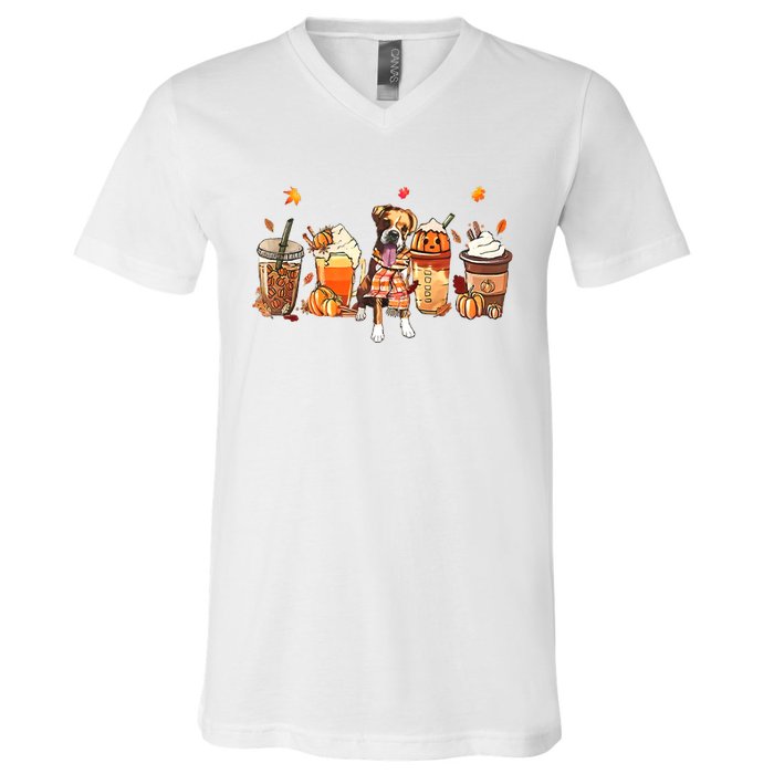 Halloween Boxer Dog Fall Coffee Pumpkin Spice Latte V-Neck T-Shirt