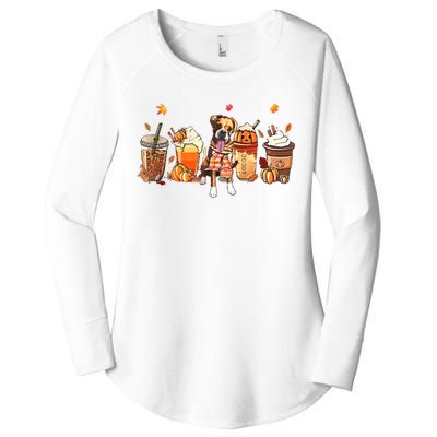 Halloween Boxer Dog Fall Coffee Pumpkin Spice Latte Women's Perfect Tri Tunic Long Sleeve Shirt