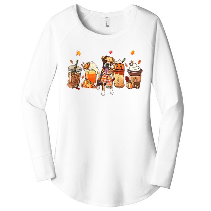 Halloween Boxer Dog Fall Coffee Pumpkin Spice Latte Women's Perfect Tri Tunic Long Sleeve Shirt