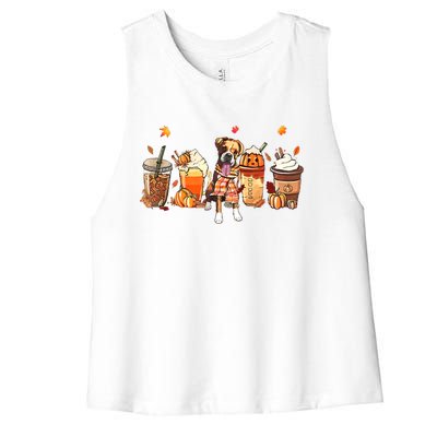 Halloween Boxer Dog Fall Coffee Pumpkin Spice Latte Women's Racerback Cropped Tank