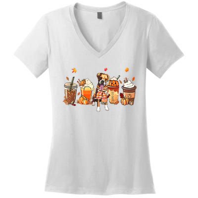 Halloween Boxer Dog Fall Coffee Pumpkin Spice Latte Women's V-Neck T-Shirt