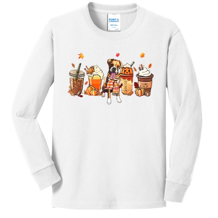 Halloween Boxer Dog Fall Coffee Pumpkin Spice Latte Kids Long Sleeve Shirt