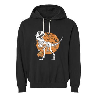 Halloween Boy Dinosaur Skeleton T Rex Scary Pumpkin Moon Garment-Dyed Fleece Hoodie