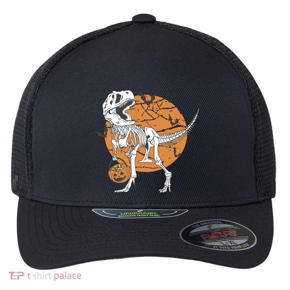 Halloween Boy Dinosaur Skeleton T Rex Scary Pumpkin Moon Flexfit Unipanel Trucker Cap