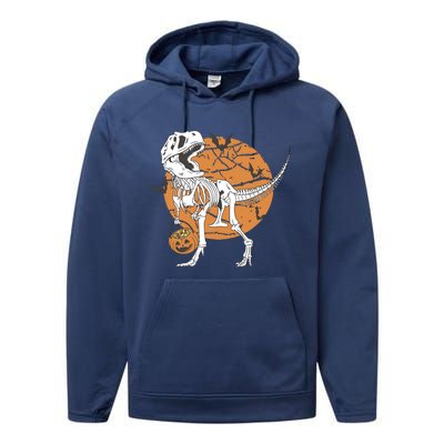 Halloween Boy Dinosaur Skeleton T Rex Scary Pumpkin Moon Performance Fleece Hoodie