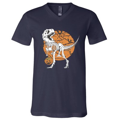 Halloween Boy Dinosaur Skeleton T Rex Scary Pumpkin Moon V-Neck T-Shirt