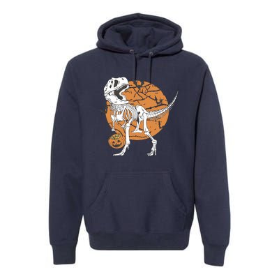 Halloween Boy Dinosaur Skeleton T Rex Scary Pumpkin Moon Premium Hoodie