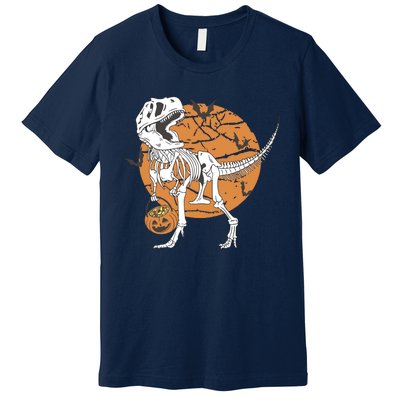 Halloween Boy Dinosaur Skeleton T Rex Scary Pumpkin Moon Premium T-Shirt