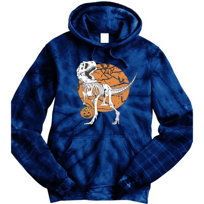 Halloween Boy Dinosaur Skeleton T Rex Scary Pumpkin Moon Tie Dye Hoodie