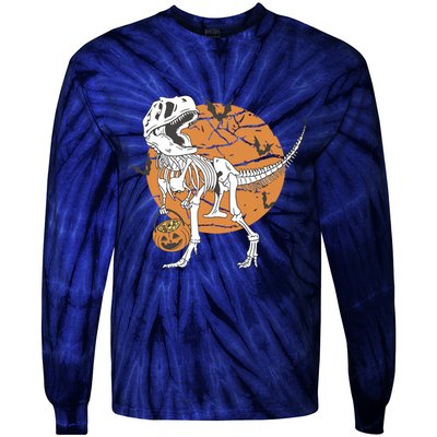 Halloween Boy Dinosaur Skeleton T Rex Scary Pumpkin Moon Tie-Dye Long Sleeve Shirt