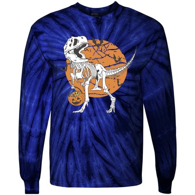 Halloween Boy Dinosaur Skeleton T Rex Scary Pumpkin Moon Tie-Dye Long Sleeve Shirt