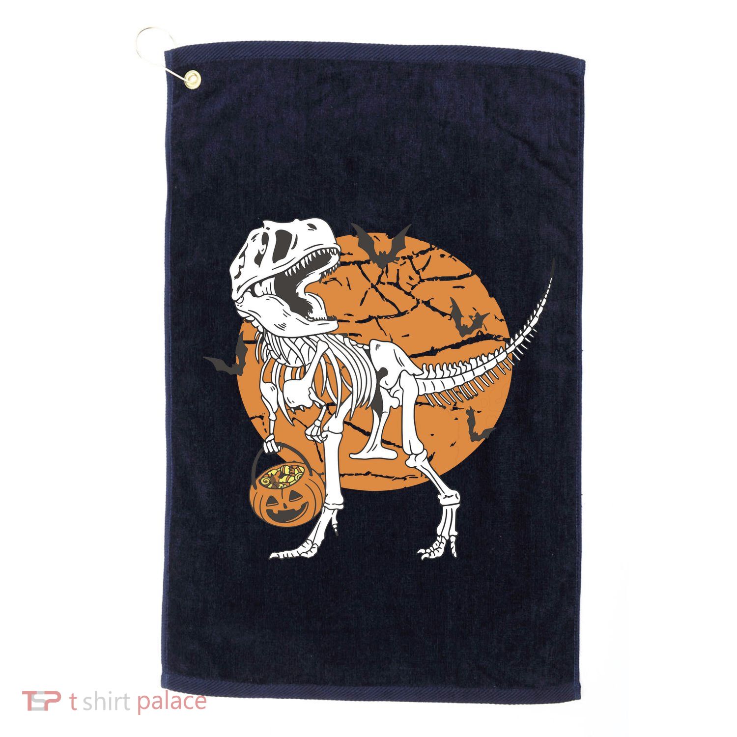Halloween Boy Dinosaur Skeleton T Rex Scary Pumpkin Moon Golf Towel