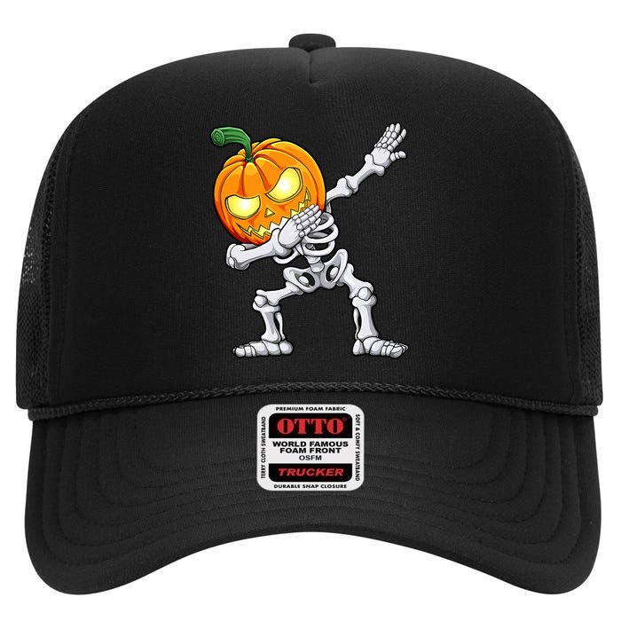 Halloween Boy Dabbing Skeleton Scary Pumpkin Jack O Lantern High Crown Mesh Back Trucker Hat