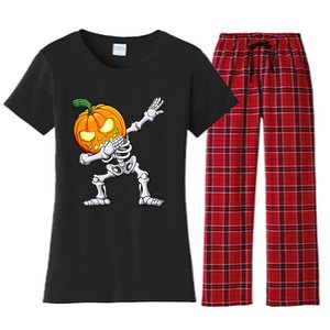 Halloween Boy Dabbing Skeleton Scary Pumpkin Jack O Lantern Women's Flannel Pajama Set