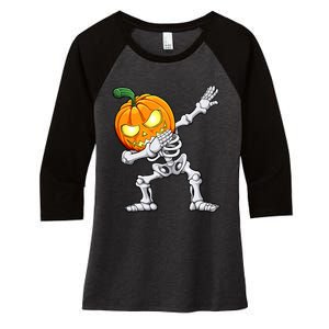 Halloween Boy Dabbing Skeleton Scary Pumpkin Jack O Lantern Women's Tri-Blend 3/4-Sleeve Raglan Shirt