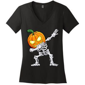 Halloween Boy Dabbing Skeleton Scary Pumpkin Jack O Lantern Women's V-Neck T-Shirt