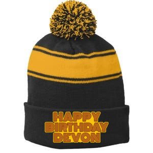 Happy Birthday Devon Personalized Name Retro Typography Stripe Pom Pom Beanie