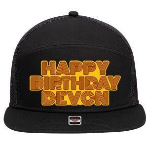 Happy Birthday Devon Personalized Name Retro Typography 7 Panel Mesh Trucker Snapback Hat