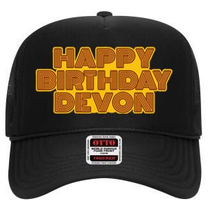 Happy Birthday Devon Personalized Name Retro Typography High Crown Mesh Back Trucker Hat