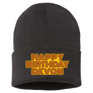 Happy Birthday Devon Personalized Name Retro Typography Sustainable Knit Beanie