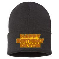 Happy Birthday Devon Personalized Name Retro Typography Sustainable Knit Beanie