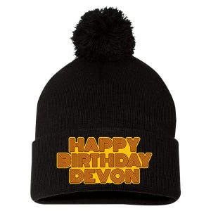 Happy Birthday Devon Personalized Name Retro Typography Pom Pom 12in Knit Beanie