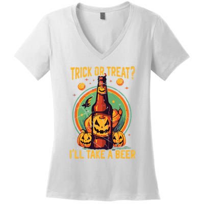 Halloween Beer Drinker Trick Or Treat Spooky Alcoholic Women's V-Neck T-Shirt