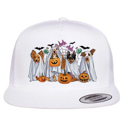 Halloween Boo Dogs Ghost Pumpkins Spooky Dog Lover Outfit Flat Bill Trucker Hat