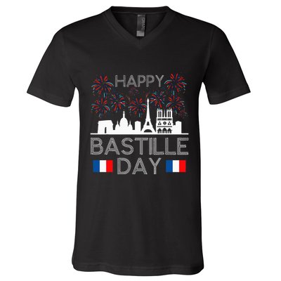 Happy Bastille Day France Paris French Flag Fireworks V-Neck T-Shirt